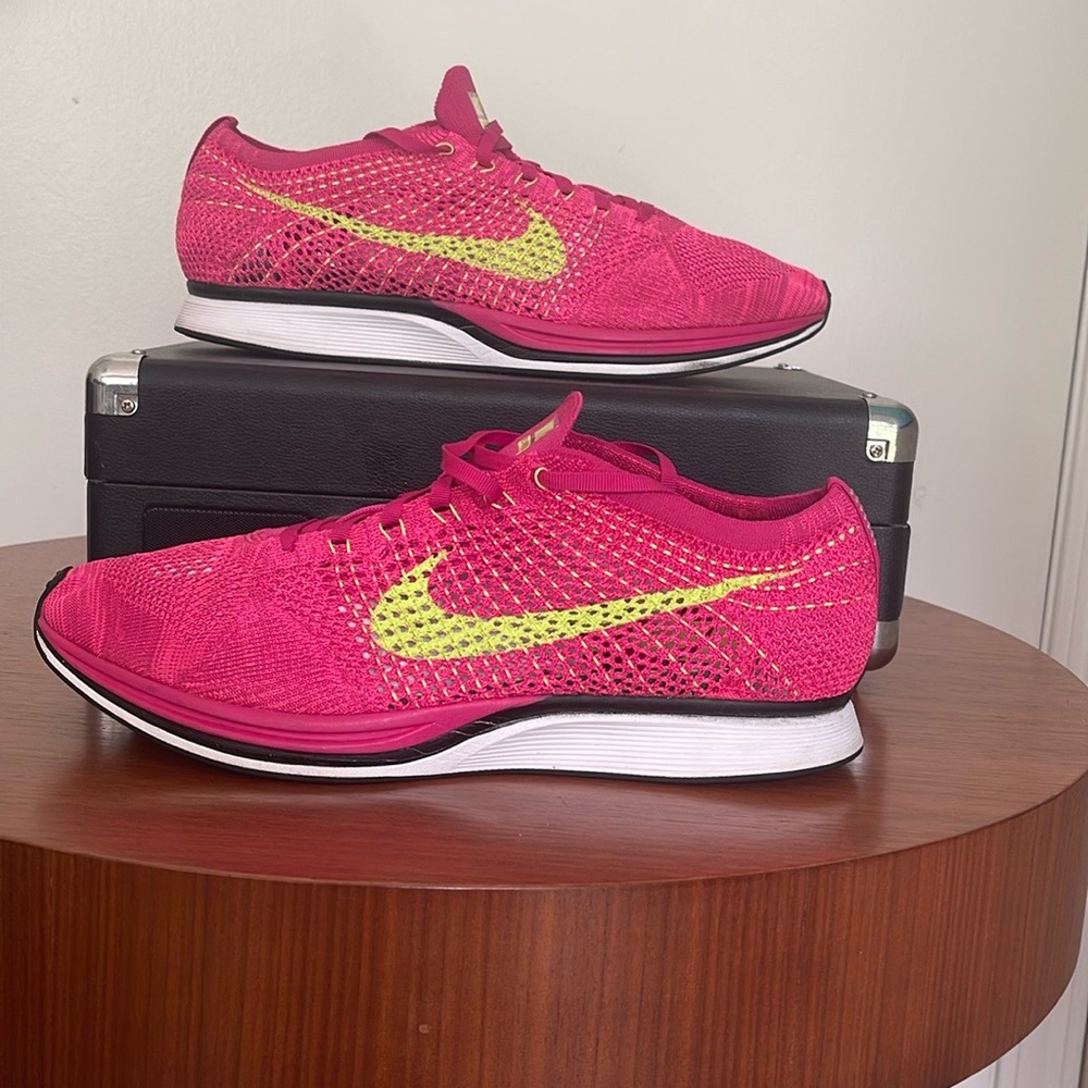 Nike Pink and Yellow Athletic Shoes with Flyknit Upper